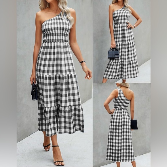 Black and White Checkered One-Shoulder Dress - Picture 2 of 2